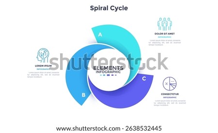 Round chart with 3 colorful spiral elements. Concept of three services provided by company. Flat infographic design template. Modern vector illustration for business information visualization, report.
