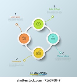 Round chart with 4 colorful circular elements connected by lines, linear symbols and text boxes. Cyclic process visualization. Modern infographic design template. Vector illustration for report.