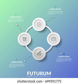 Round chart with 4 white circular connected elements, thin line symbols and text boxes. Visualization of four stepped cyclical process. Unusual infographic design template. Vector illustration.