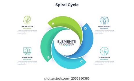 Round chart with 4colorful spiral elements. Concept of four services provided by company. Flat infographic design template. Modern vector illustration for business information visualization, report.