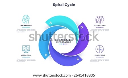 Round chart with 4colorful spiral elements. Concept of four services provided by company. Flat infographic design template. Modern vector illustration for business information visualization, report.