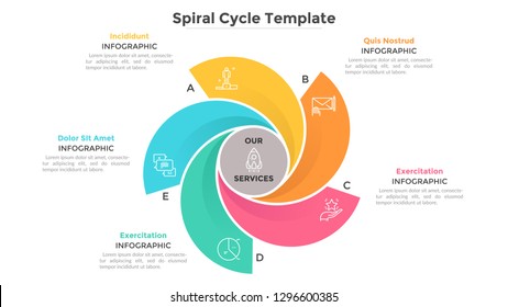 Round chart with 5 colorful spiral elements. Concept of five services provided by company. Flat infographic design template. Modern vector illustration for business information visualization, report.