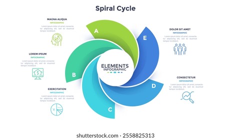 Round chart with 5 colorful spiral elements. Concept of five services provided by company. Flat infographic design template. Modern vector illustration for business information visualization, report.