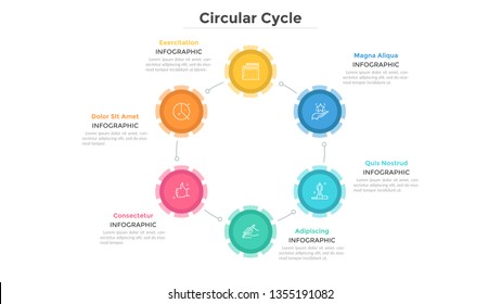 Round chart with 6 colorful circular elements connected by lines, linear pictograms and text boxes. Advantages of company. Infographic design layout. Vector illustration for brochure, presentation.