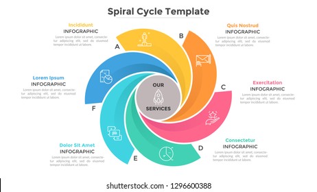 Round chart with 6 colorful spiral elements. Concept of six services provided by company. Flat infographic design template. Modern vector illustration for business information visualization, report.