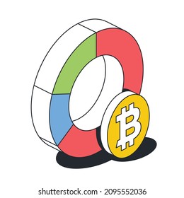 Round chart, bitcoin coin. Vector 3d line isometric, color web icons, new flat style. Creative illustration, design idea for infographics.