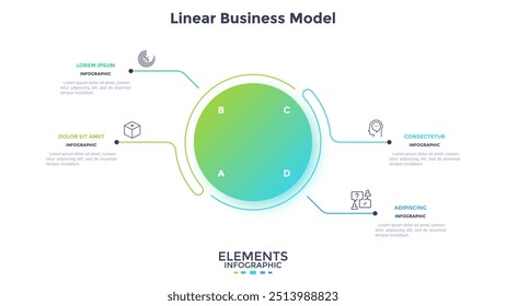 Round chart connected with 4 text blocks. Concept of model with four features of business project to compare. Simple flat infographic vector illustration for information analysis, presentation, report