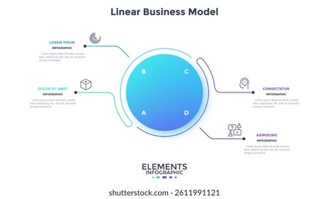 Round chart connected with 4 text blocks. Concept of model with four features of business project to compare. Simple flat infographic vector illustration for information analysis, presentation, report