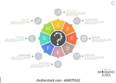 Round chart divided into 8 lettered sectors with arrows pointing at thin line pictograms and text boxes. Minimalistic infographic design template. Vector illustration for brochure, presentation.