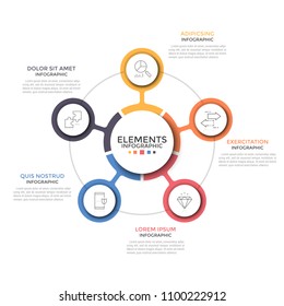 Round chart. Five colorful circular elements with thin line icons inside placed around central one. Concept of 5 business options to choose. Simple infographic design layout. Vector illustration.