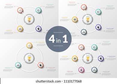 Round chart with golden winner cup in center, arrows pointing at 3, 4, 5, 6 circular elements with linear symbols inside and text boxes. Unique infographic template. Vector illustration for report.