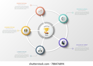 Round chart with golden winner cup in center, arrows pointing at 5 circular elements with linear symbols inside and text boxes. Unique infographic design template. Vector illustration for report.