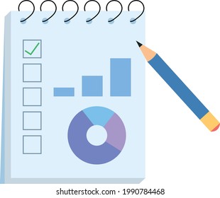 A round chart and a growth graph are depicted on a notebook page next to a simple pencil on a white background