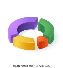 Round chart pie with donut shape and four pieces 3D icon. Ring simple diagram with slices of different colors 3D vector illustration on white background. Survey, share, financial analysis concept