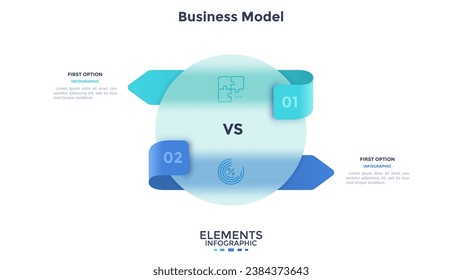 Round chart split into 2 equal parts by arrows. Concept of model with two features of business project to compare. Simple flat infographic vector illustration for analysis, presentation, report.