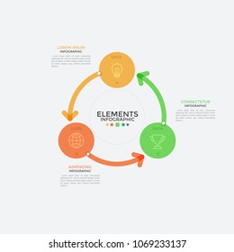 Round Chart, Three Colorful Circular Elements With Linear Icons Inside Connected By Arrows. Concept Of 3-stepped Cyclic Process Visualization. Infographic Design Template. Vector Illustration.