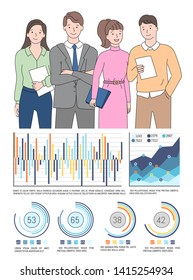 Round charts and graph with columns, numbers data, statistic report. Closeup view of people holding documents, teamwork presentation on white vector