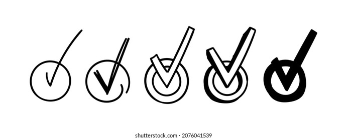 Round checkboxes with tick. Hand-drawn scribble check marks. Set Vector illustration of different doodle signs of correct answer, done, vote.