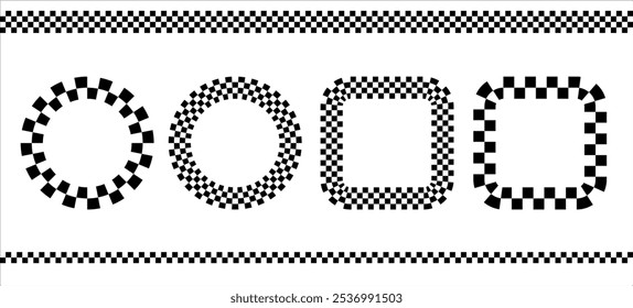 Round checker frames collection. Vector set of borders in the shape of squares and circles. isolated on a transparent background. Vector brushes for start, finish, winner and digital illustration.