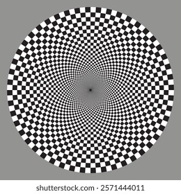 Round checkered design element isolated on white background. Optical spiral illusion pattern.