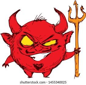 round cheerful devil with pitchfork smiles slyly vector illustration