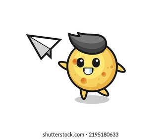 round cheese cartoon character throwing paper airplane , cute style design for t shirt, sticker, logo element