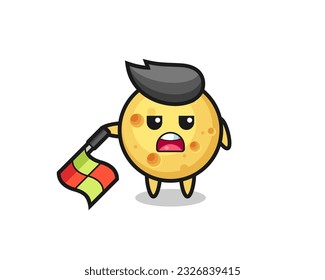 round cheese character as line judge hold the flag down at a 45 degree angle , cute style design for t shirt, sticker, logo element