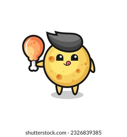 round cheese cute mascot is eating a fried chicken , cute style design for t shirt, sticker, logo element