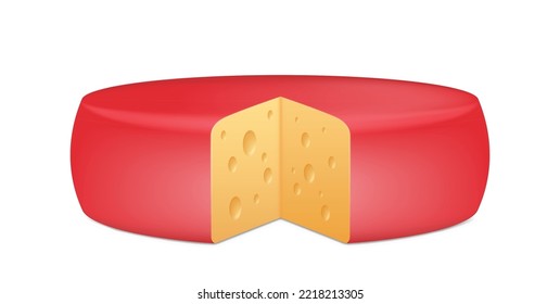 Round Cheese Head Realistic In Red Wax Package With Cut Block. Fresh Dairy Product. Tasty Cheddar, Maasdam Or Gauda Cheese, Organic Healthy And Delicious. Vector Illustration