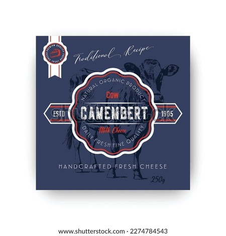 A round cheese label in vintage style, this design is editable and can be used as well as a label for a milk package or as a logo for a butcher shop