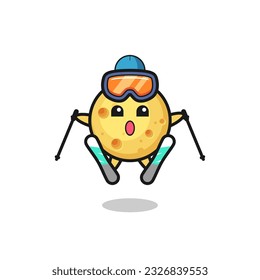 personaje de mascota de queso redondo como jugador de esquí, diseño de estilo lindo para camiseta, pegatina, elemento logo