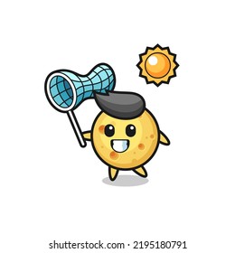 round cheese mascot illustration is catching butterfly , cute style design for t shirt, sticker, logo element