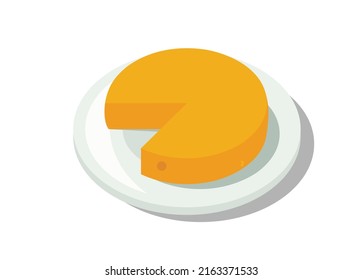 Queso redondo en plato. Ilustración plana simple.
