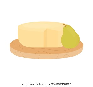 Round Cheese parmesan with pear on white background. Pieces of hard cheese on plate. Vector illustration.