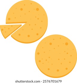 round cheese top view, Cylinder of fresh creamy,  Parmesan cheese. Dairy products, yellow cheese with a cut piece.