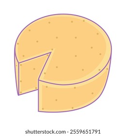 A round cheese wedge with a missing slice displays texture.