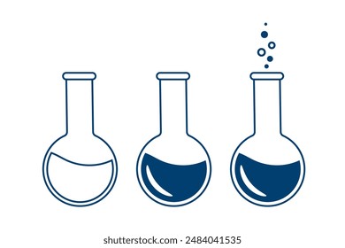 Matraz químico redondo con solución. Cristalería de laboratorio para análisis, investigación. Reacción química. Ilustración sobre el tema de química, biología, biotecnología.