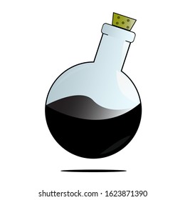 Round chemical lab flask with black liquid icon. Flat design style