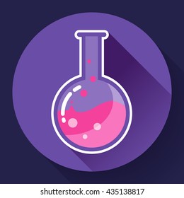 Round chemical lab flask with liquid icon. Flat design style