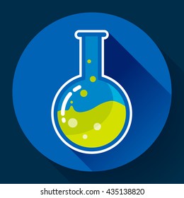 Round chemical lab flask with liquid icon. Flat design style
