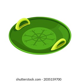 Round children's green plastic sled (ice boat) for skiing from an ice slide, vector illustration isolated on a white background