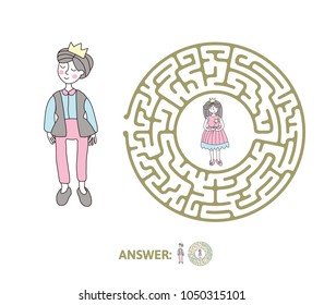 Round children's maze and Prince   Princess  Cute puzzle game for kids  vector labyrinth illustration 