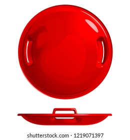 Round children's red plastic sledges (ice-boat) for skiing from an ice slide, vector illustration isolated on white background