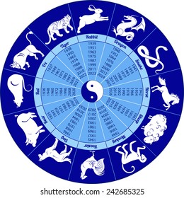 Round chinese calendar with signs animals  (years starts from 1935 to 2026) 