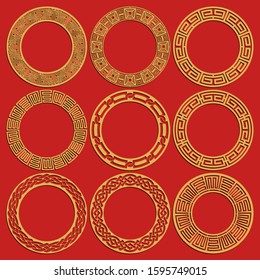 Round chinese frames set isolated on red background. Geometric circular oriental ornaments. Vector illustration