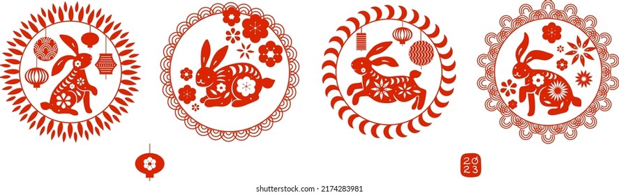 Round Chinese zodiac rabbits. Horoscope 2023 New Year animal. Circle framed compositions. Oriental holiday badges. Red decorative traditional elements. Classy vector