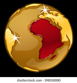 Round chip with the image of a continent of gold and precious stones. Sample of souvenir on geographical subjects. Vector illustration.