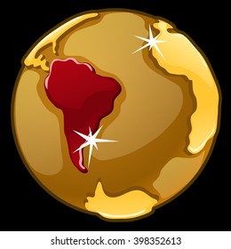 Round chip with the image of a continent of gold and precious stones. Sample of souvenir on geographical subjects. Vector illustration.