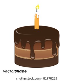 Round chocolate cake with burning candle, vector illustrator