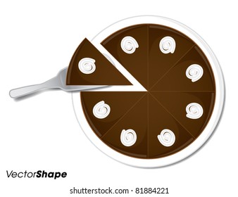 Round chocolate cake with cream decoration seen from above, vector illustrator